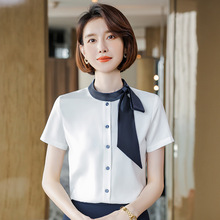职业白色短袖衬衫女设计感垂感2022夏季薄款雪纺上衣洋气空姐工装
