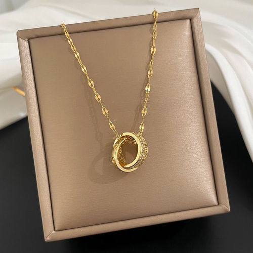 Japanese and Korean Style Double Ring Design Titanium Steel Necklace for Women, Unique Design with a Touch of Luxury, Lightweight and Versatile Geometric Accessory, Wholesale