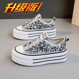 厚底板鞋子女夏季新款韩版小众设计小白鞋百搭透气亮片帆布鞋