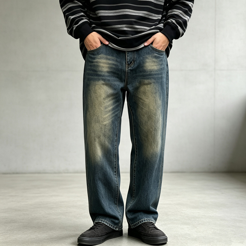 Cross-border European and American men's jeans, trendy high street loose wide-leg straight slim-fit casual denim pants wholesale