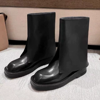 明星同款真皮平底靴马丁靴裤管中筒靴女瘦腿骑士长靴一脚蹬时尚短