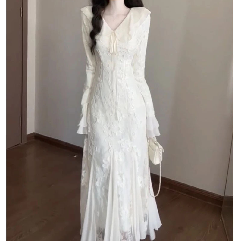 【油画栀子】气质温柔风杏色长袖连衣裙秋季新款超仙鱼尾裙2025女|undefined