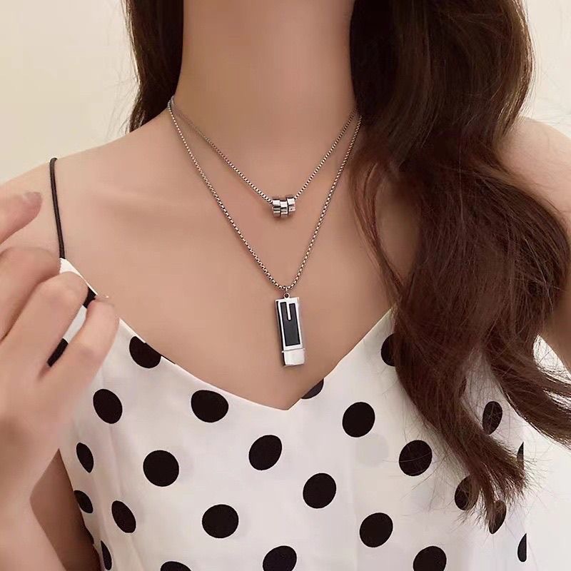 Fashionable Sophisticated Long With Three Rings And Double-layered Square Pendant, Unisex Titanium Steel Necklace That_voghion.com
