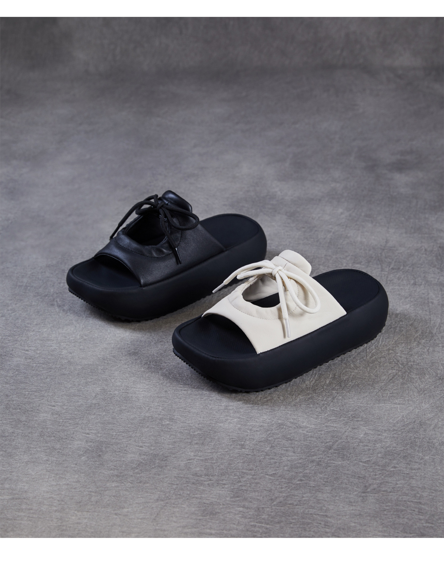 Dép sandal nữ quai chữ V đế dày phong cách Hàn Quốc, buộc dây hở mũi, form bánh mì — màu đen, trắng ngà chi tiết 2