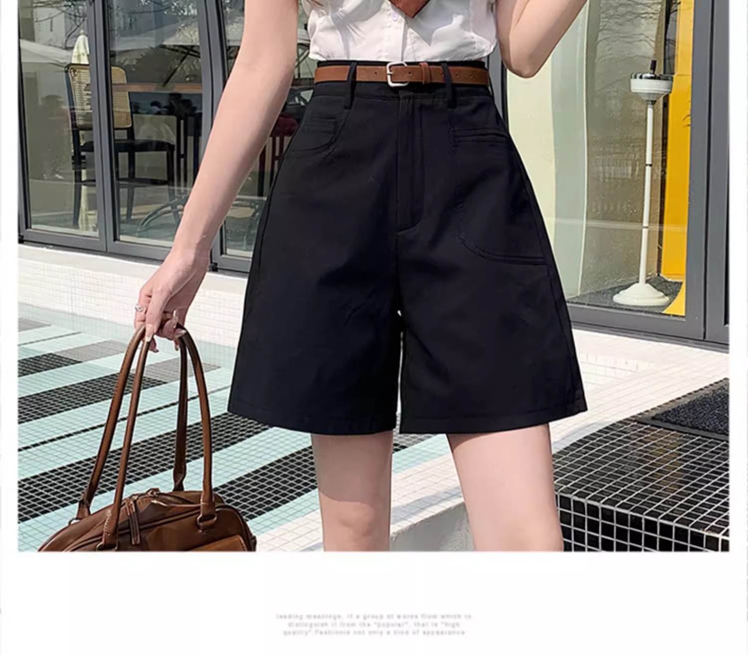 Quần short nữ cạp cao ống rộng dáng suông dài ngang đùi kiểu Hồng Kông — Màu đen chi tiết 7