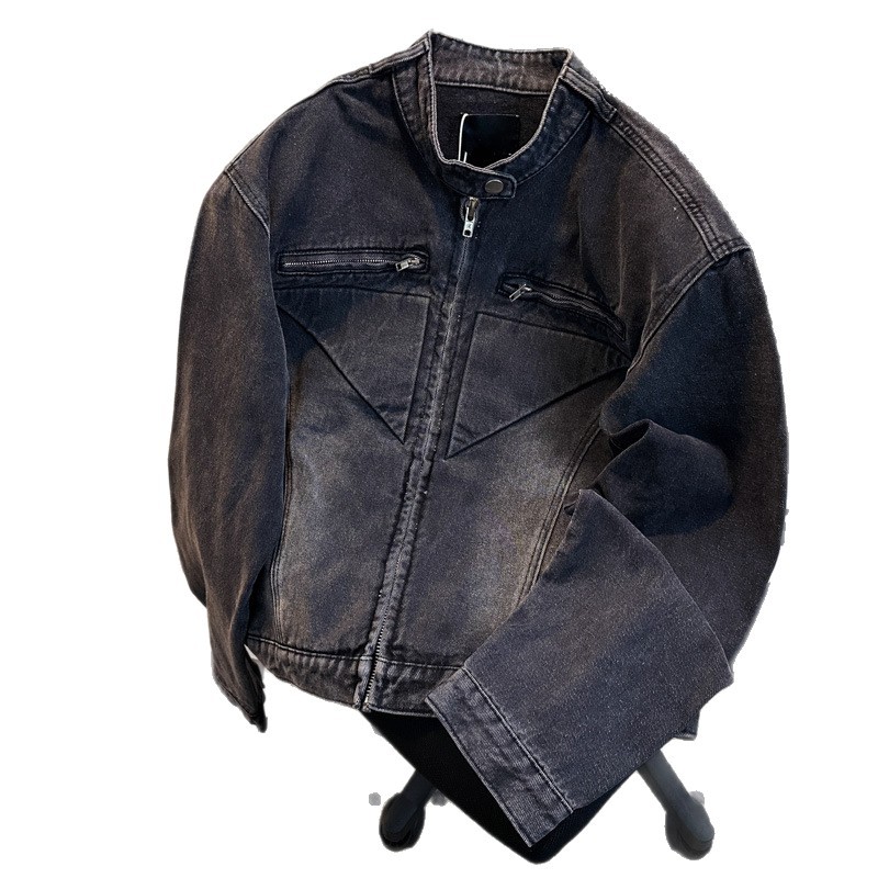 Small Niche Deconstructive Design Denim Jacket met schoudervullingen, vintage gewassen kort jasje voor heren_voghion.com
