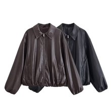 Z跨境欧美风2025新款时尚气质女装 翻领长袖宽松 皮衣外套