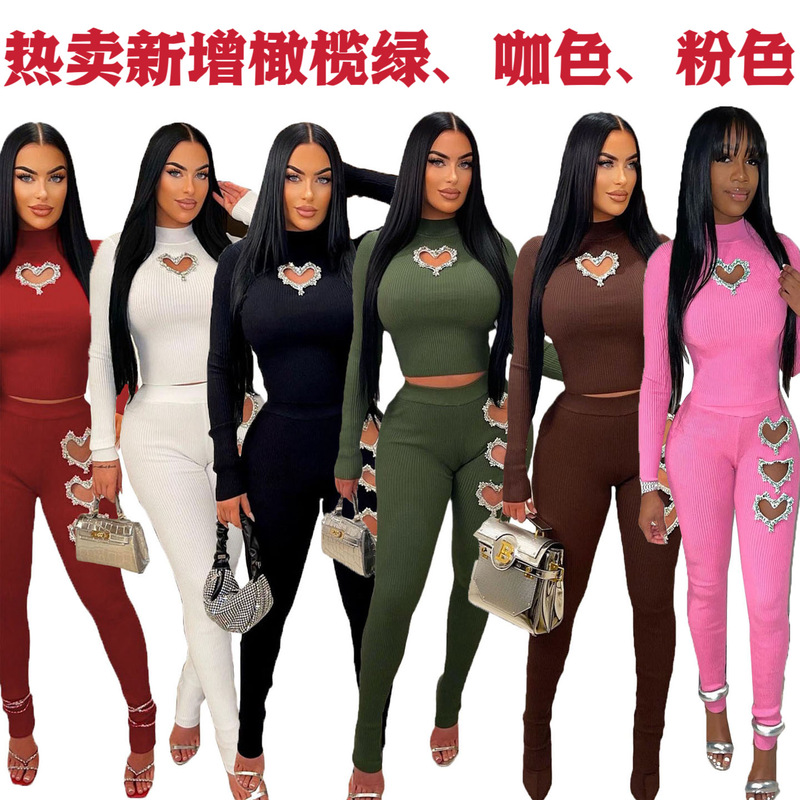 B9439 AliExpress Amazon European and American women's clothing new heart-shaped hot brick solid color suit