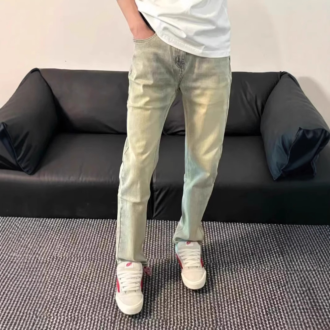 American Street Style Washed Distressed Bootcut Jeans for Men in Spring & Fall Straight Loose European and American High Street Vibe Style Long Pants