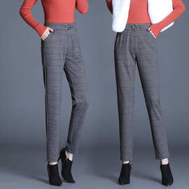 实拍加厚格子毛呢休闲裤2026年秋冬新款哈伦裤女士松紧高腰小脚裤