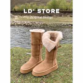 内增高厚底棕色长筒雪地靴女2025冬新款两穿加绒加厚中筒东北棉鞋