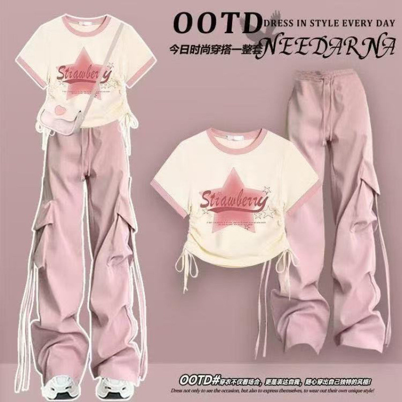 Dopamine Sweet Spicy Girl Outfit Women 2025 Trendy Cool Cargo Pants Summer Outfit College Style Complete Set