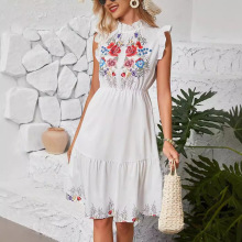 亚马逊速卖通跨境欧美热卖新款女装印花荷叶边无袖百褶时尚连衣裙