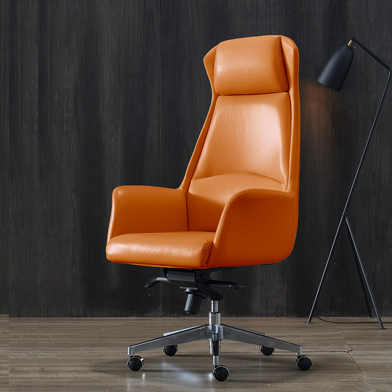Simple Comfortable Office Women's Boss Chair Leather Sedentary Recliner Orange High Back Cowhide Home Computer Chair Swivel Chair