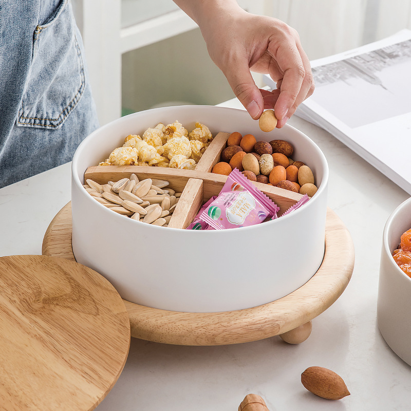 Roble de madera caja caramelo nórdico hogar Sala Mesa café cerámica fruta seca placa con tapa Internet Celebrity snack