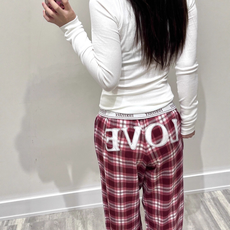 American Hollister Little Seagull Valentine's Day Limited Plaid Letter Cuff Ribbon Casual Pants Plaid Pants