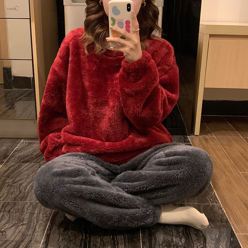 Invierno nuevo pijama de felpa de las mujeres de manga larga de color sólido simple engrosada coral fleece desgaste del hogar de dos piezas conjunto se puede usar fuera