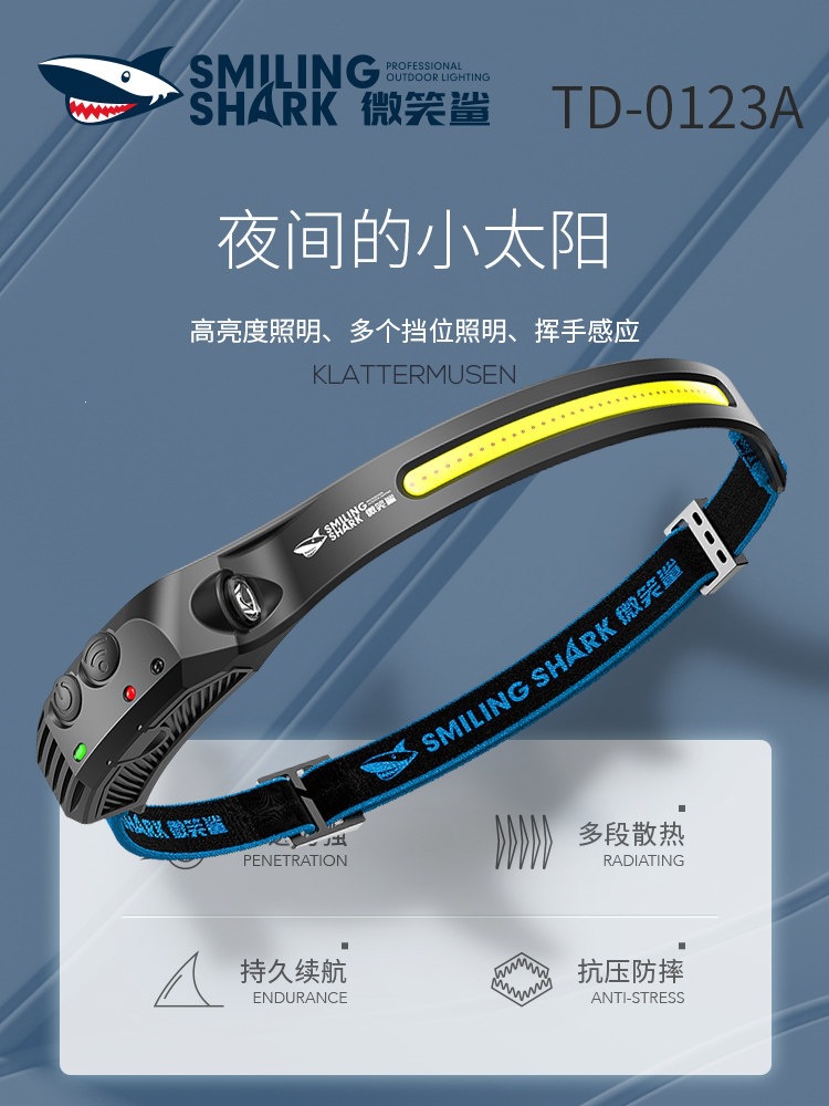 Smiling Shark Headlamp Head-Mounted High-Brightness Rechargeable Outdoor Ultra-Bright Fishing Night Fishing Light Sensor Lighting Lamp