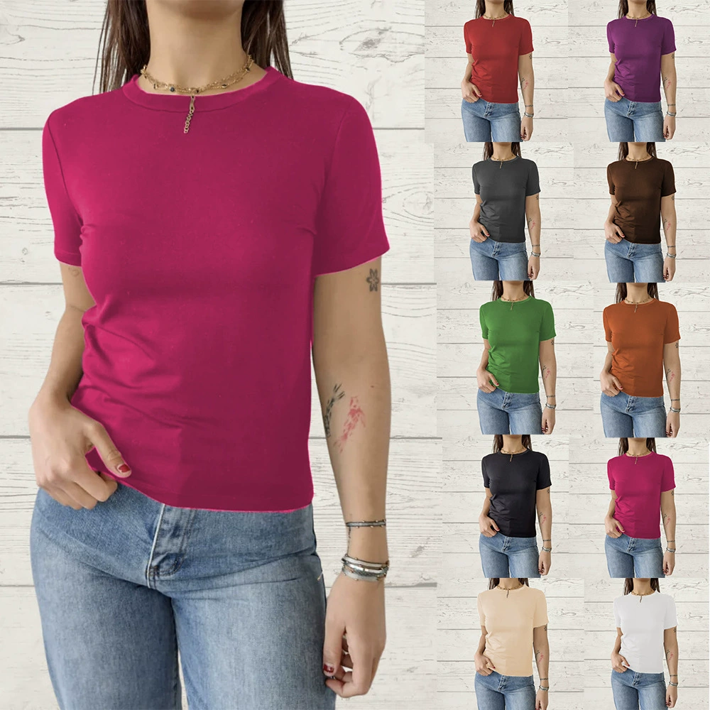 Amazon трансграничный 2025 новый весенний и летний новый тонкий темперамент тонкий микро раскрывает талию обтягивка с короткими рукавами футболка женская