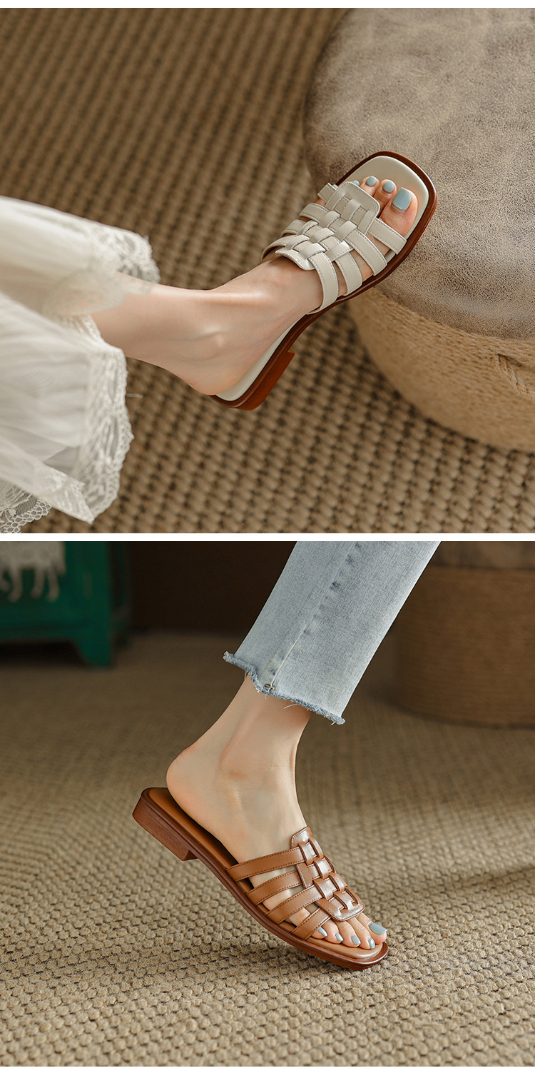 Dép sandal nữ xỏ ngón bện da bò lớp đầu đế bệt — Màu nâu chi tiết 12