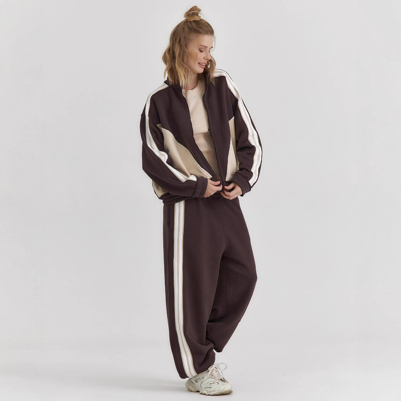 ヨーロッパとアメリカの秋と冬のハイストリートトレンディなスポーツ作業服スーツステッチコントラストカラースタンドカラージッパージャケットとズボンの女性用2点セット|undefined