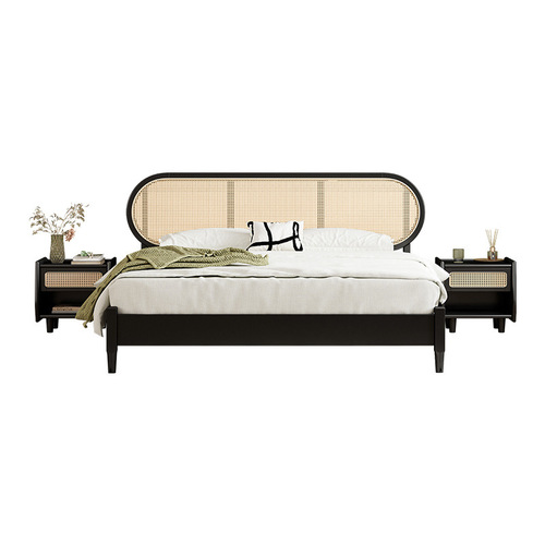 Nordic solid wood rattan bed, master bedroom 1.8m retro light luxury double bed, modern minimalist wabi-sabi style black bed rattan bed