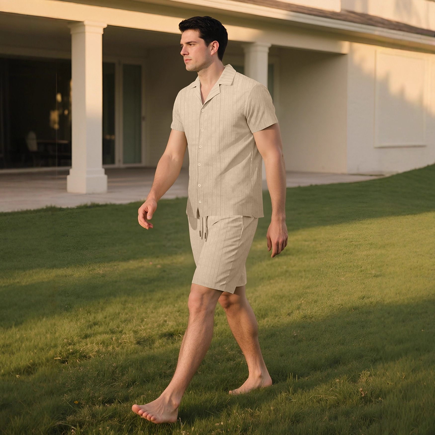 Monochrome Herren-Kombination aus lässigem Hemd, Cardigan und Shorts für Strand und Sommer – perfekt für Pendler und alle, die es etwas bequemer mögen._voghion.com