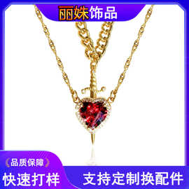 亚马逊跨境心和剑夫妇项链不锈钢 心脏项链个性潮流时尚男女饰品