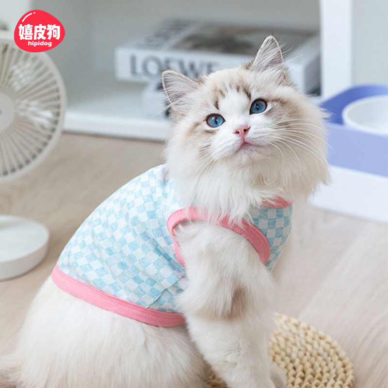 Chessboard Plaid chaleco gatito ropa primavera y verano británico corto Gato Azul marioneta gatito mascota perro de dos patas chaleco