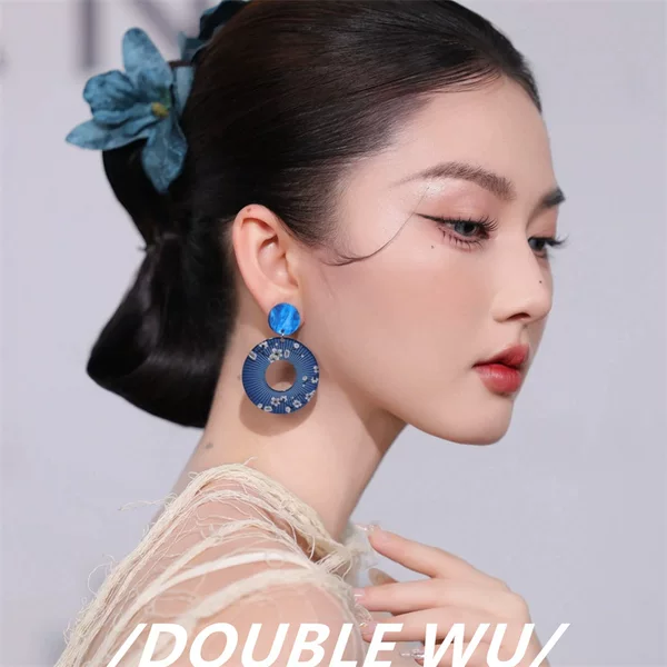 Nan Nan Teacher's Same Style Retro Blue Flower Hair Accessories Simple New Chinese Style Antique Style Niche Bride Headdress Earrings for Women