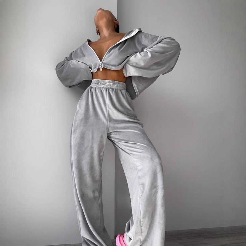 European and American Cross-Border Casual Sexy Suit Solid Color Long-Sleeved Zipper Short Cardigan Elastic Wide-Leg Pants Velvet Two-Piece Set