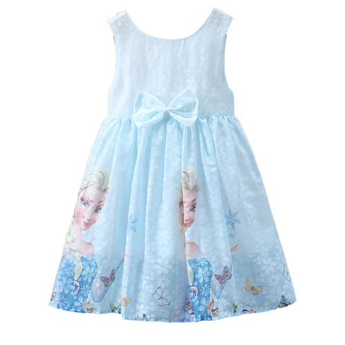 Princess Elsa Snow Queen Cartoon Print Children's Bow Blouse Dress Pure Cotton Middle and Big Children's Dress
