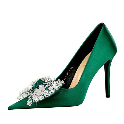 3391-2H9 European and American style fashion banquet high heels stiletto heel satin shallow mouth pointed toe rhinestone bow single shoes for women