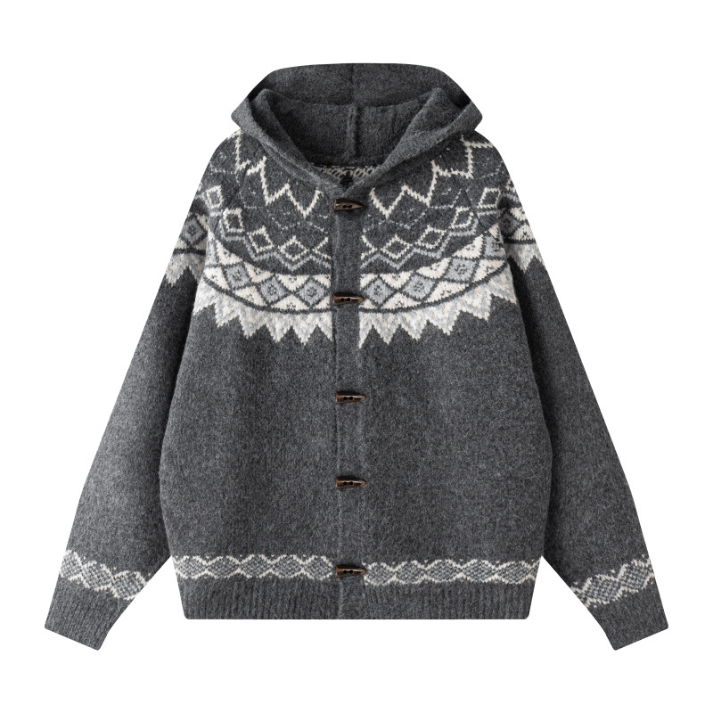 Jacquard otoño y invierno hombres retro cardigan encapuchado corn hebilla casual simple jersey de punto hombre suéter de moda explosiva