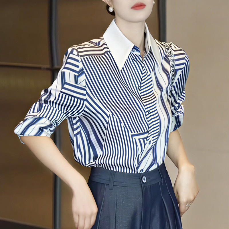 2025秋季新款女气质洋气设计感撞色拼接条纹长袖衬衫宽松显瘦上衣|undefined