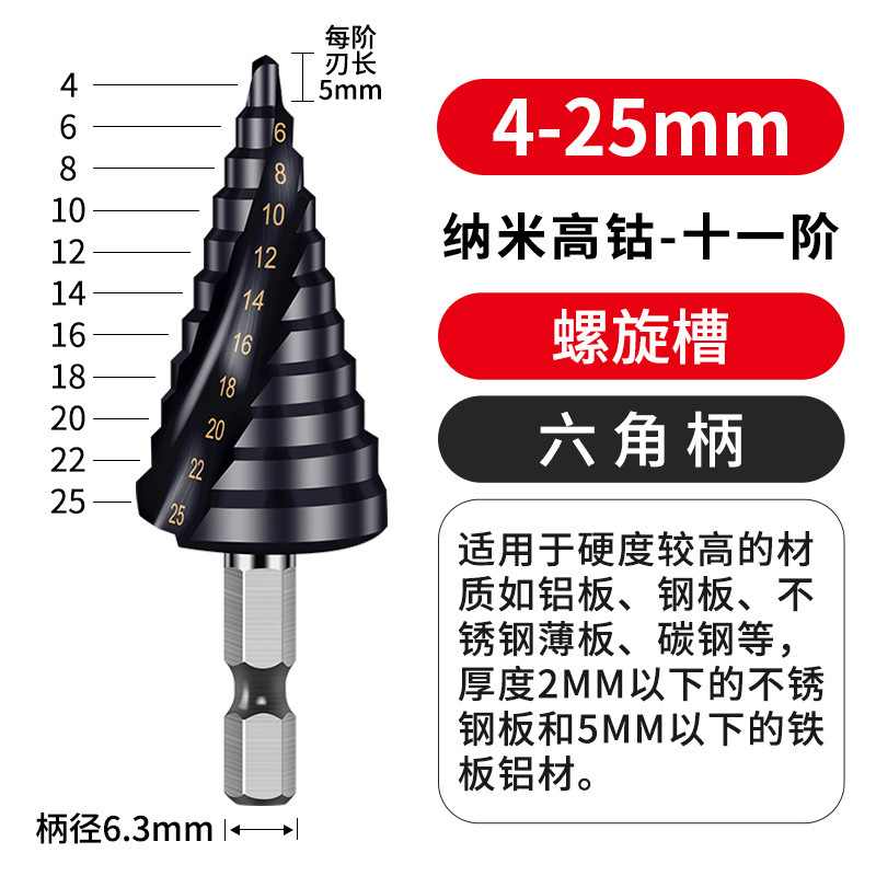 黑宝塔钻头万能打孔工业级螺旋金属开孔器不锈钢专用高硬度阶梯钻|undefined
