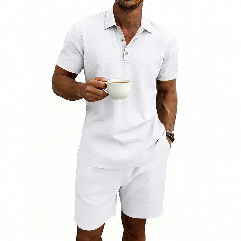 Ensemble polo et short de plage décontractés en lin, style américain, pour homme, idéal pour l'été, les vacances et les trajets quotidiens. Grandes tailles disponibles. Coupe ample. Polo à revers simple et coupe simple._voghion.com