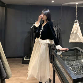2025冬装【金丝绒】新款温柔套装仙女纱裙高级气质中长裙两件套女