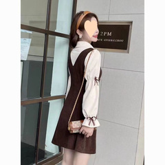 2025秋季新款女裝法式減齡假兩件連衣裙收腰顯瘦遮肉小個子字裙