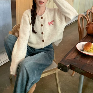 韩系小狗贴布粉色圆领开衫女2025早秋新款软糯宽松慵懒风针织外套