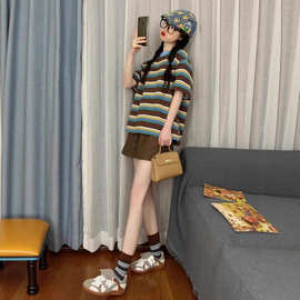 复古条纹撞色T恤百搭短裤两件套女夏季学院风休闲学生运动服套装