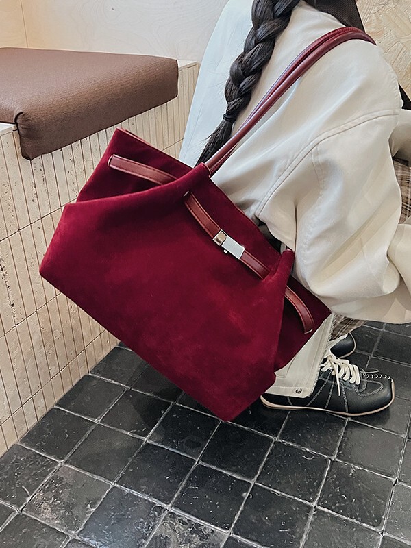 简约小众磨砂绒面托特包女2025秋冬新款大容量褶皱百搭单肩腋下包|undefined