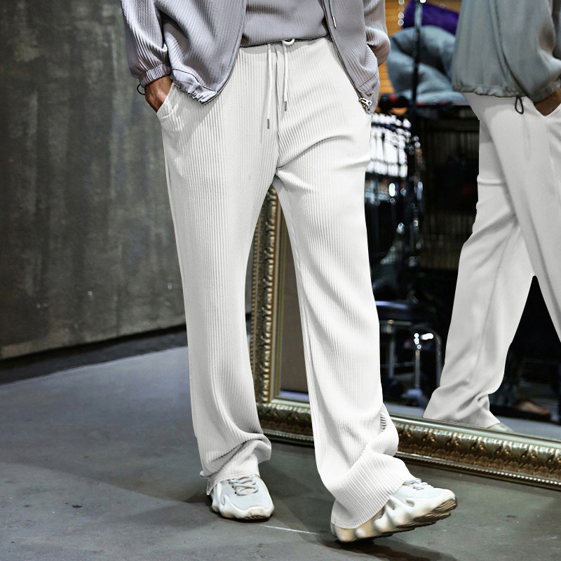 Pantalones de hombre de talla europea para primavera y otoño, de jacquard a rayas, de pierna ancha, casuales, holgados, acanalados, con cordón, de pierna recta, tallas grandes.