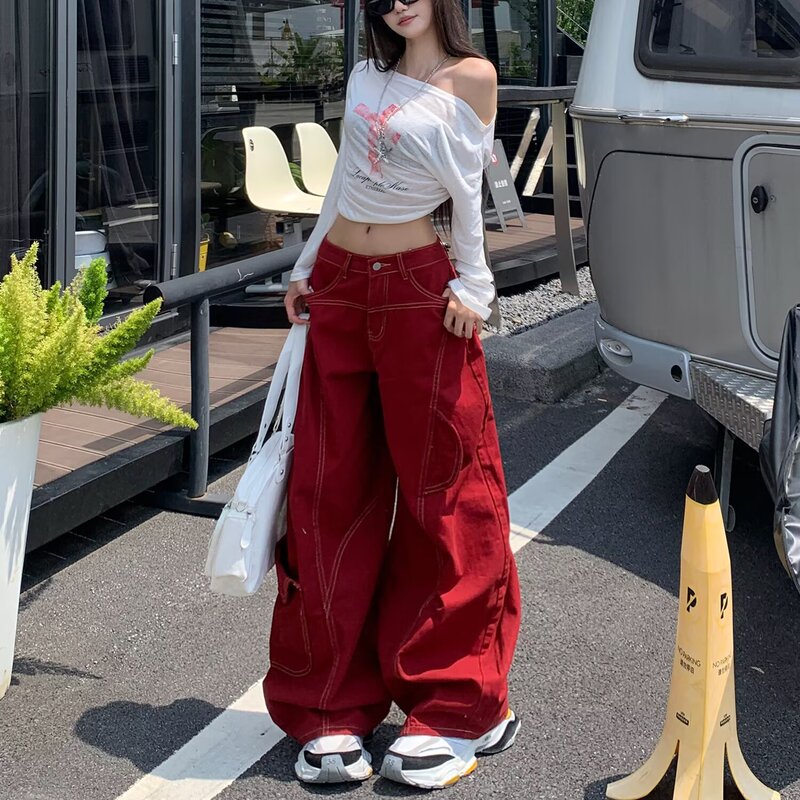 Cross-Border Trade American Retro Red Workwear Jeans for Women, National Trend Deconstructed Scimitar Pants, Jazz Dance Loose Wide-Leg Pants Cross-Border Trade American Retro Red Workwear Jeans for Women, National Trend Deconstructed Scimitar Pants, Jazz Dance Loose Wide-Leg Pants