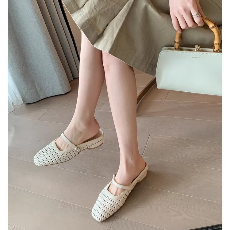 Grape Mom studiolee retro tejido cuadrado hueco cabeza de una palabra con sandalias de tacón grueso Muller media pantuflas mujer verano