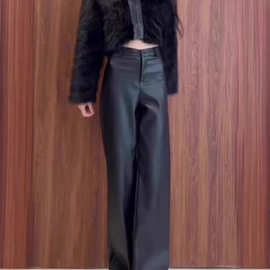 黑色拖地PU皮裤阔腿休闲裤女2024春秋新款高腰小个子直筒阔腿皮裤