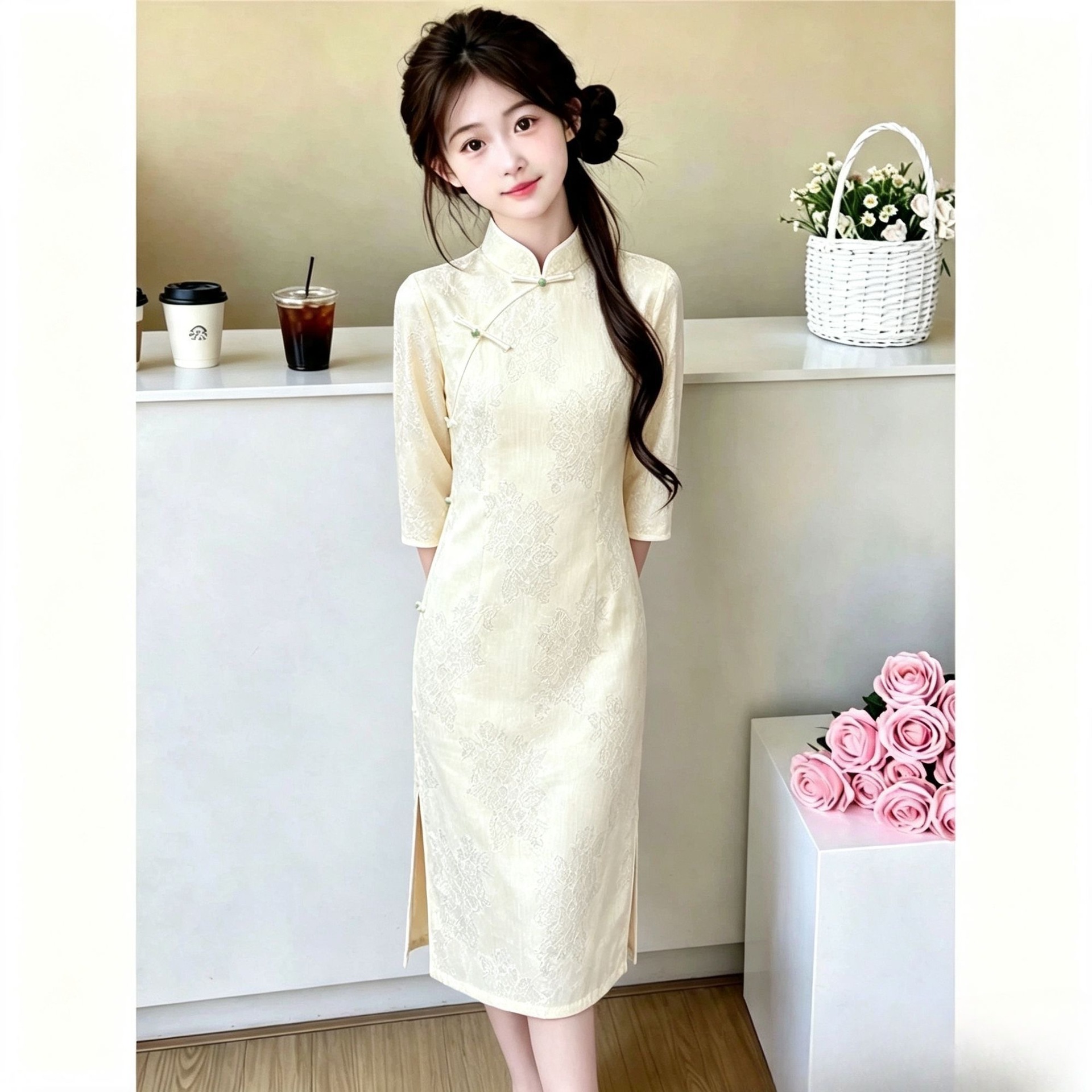 Stylish girls' cheongsam dress for spring, summer, and autumn, new Chinese-style three-quarter sleeve dress for children, suitable for older girls and little girls, with a traditional Chinese aesthetic