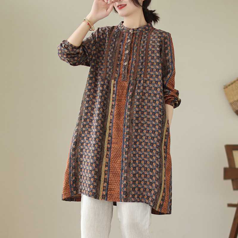 New Artistic Sweet Organ Pleated Lace Shirt Women's Mid-length Linen Pullover Long-sleeved dress