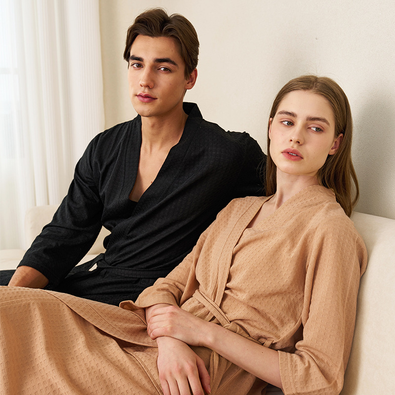 Summer Thin Water Absorbent Waffe Bathrobe Women's Summer Mid-length Simple Sexy Nightgown Men's Breathable Bath Towel Pajamas