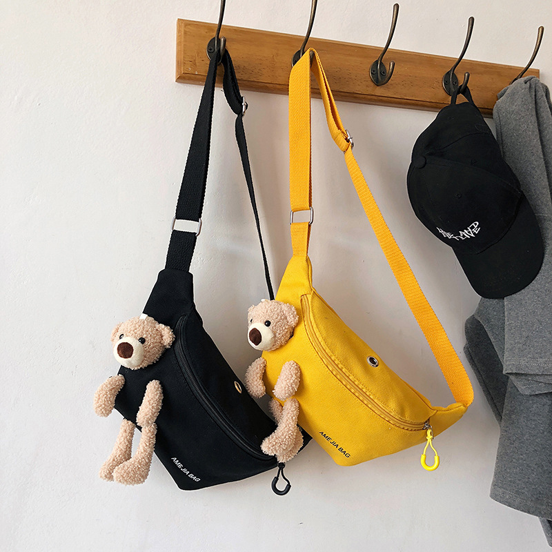New Cute Plush Bear Chest Bag for Girls, Japanese Style Children's Bag, Unique Canvas Crossbody Bag, Mobile Waist Bag